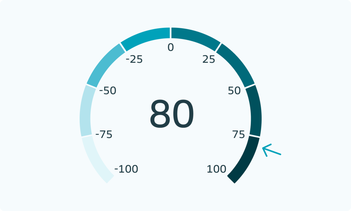 Semi-circular gauge displaying Net Promoter Score from -100 (left) to a 100 (right). Coloplast’s support service has a customer satisfactions score of 80.